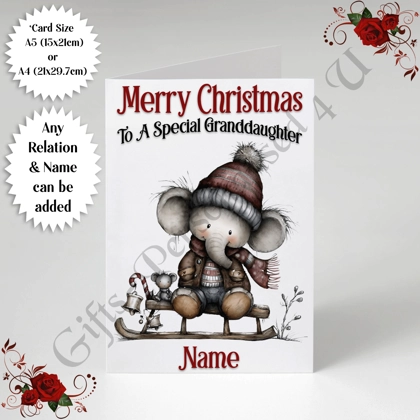 A5 or A4 Personalised Card - Merry Christmas - Elephant - Any Relation & Name - D.8