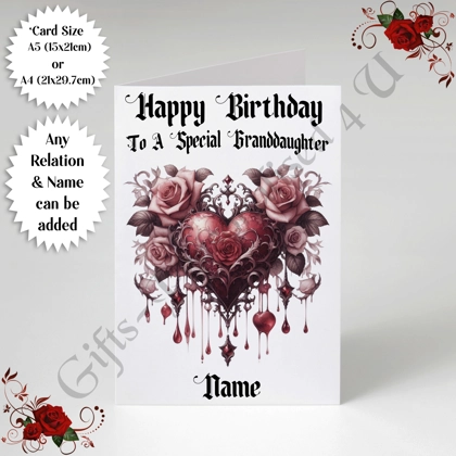 A5 or A4 Personalised Greeting Card - Gothic Heart - Happy Birthday - Any Relation & Name - D.9 A5 or A4 Personalised Greeting Card - Gothic Heart - Happy Birthday - Any Relation & Name - D.9