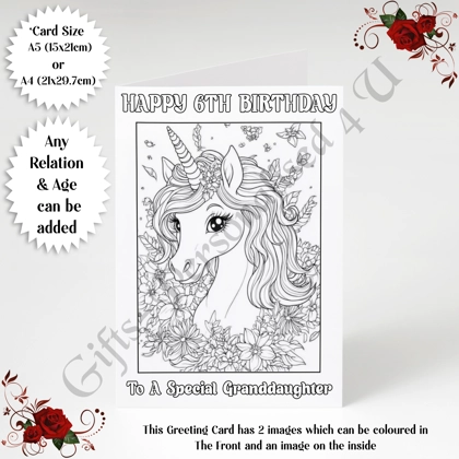 A5 or A4 Personalised Greeting Card - Colour In Unicorn - Happy Birthday - Any Relation & Age - D.1