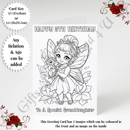 A5 or A4 Personalised Greeting Card - Colour In Fairy - Happy Birthday - Any Relation & Age - D.1 A5 or A4 Personalised Greeting Card - Colour In Fairy - Happy Birthday - Any Relation & Age - D.1