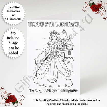 A5 or A4 Personalised Greeting Card - Colour In Princess - Happy Birthday - Any Relation & Age - D.1 A5 or A4 Personalised Greeting Card - Colour In Princess - Happy Birthday - Any Relation & Age - D.1