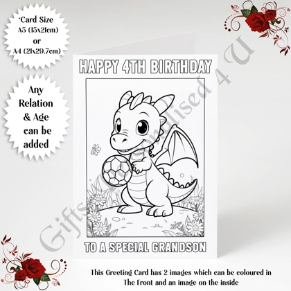 A5 or A4 Personalised Greeting Card - Colour In Dragon - Happy Birthday - Any Relation & Age - D.1 A5 or A4 Personalised Greeting Card - Colour In Dragon - Happy Birthday - Any Relation & Age - D.1