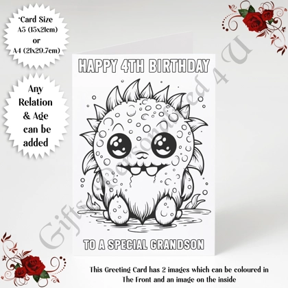 A5 or A4 Personalised Greeting Card - Colour In Monster - Happy Birthday - Any Relation & Age - D.1 A5 or A4 Personalised Greeting Card - Colour In Monster - Happy Birthday - Any Relation & Age - D.1