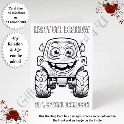A5 or A4 Personalised Card - Colour In Monster Truck - Happy Birthday - Any Relation & Age - D.1 A5 or A4 Personalised Card - Colour In Monster Truck - Happy Birthday - Any Relation & Age - D.1