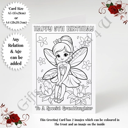 A5 or A4 Personalised Greeting Card - Colour In Fairy - Happy Birthday - Any Relation & Age - D.3 A5 or A4 Personalised Greeting Card - Colour In Fairy - Happy Birthday - Any Relation & Age - D.3