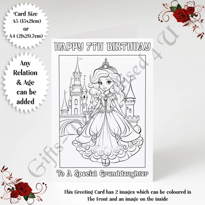 A5 or A4 Personalised Greeting Card - Colour In Princess - Happy Birthday - Any Relation & Age - D.2 A5 or A4 Personalised Greeting Card - Colour In Princess - Happy Birthday - Any Relation & Age - D.2