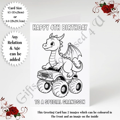 A5 or A4 Personalised Greeting Card - Colour In Dragon - Happy Birthday - Any Relation & Age - D.2 A5 or A4 Personalised Greeting Card - Colour In Dragon - Happy Birthday - Any Relation & Age - D.2