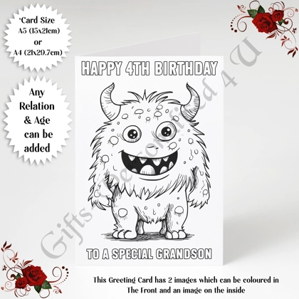 A5 or A4 Personalised Greeting Card - Colour In Monster - Happy Birthday - Any Relation & Age - D.2 A5 or A4 Personalised Greeting Card - Colour In Monster - Happy Birthday - Any Relation & Age - D.2