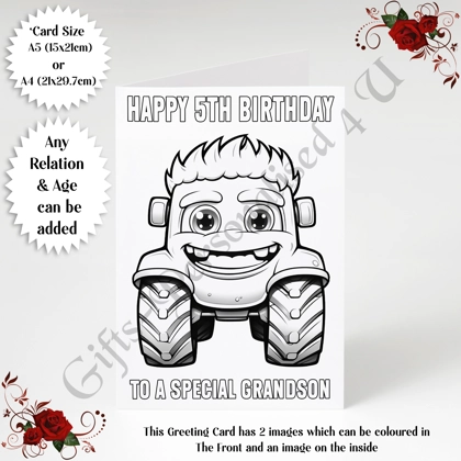 A5 or A4 Personalised Card - Colour In Monster Truck - Happy Birthday - Any Relation & Age - D.2 A5 or A4 Personalised Card - Colour In Monster Truck - Happy Birthday - Any Relation & Age - D.2