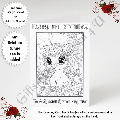 A5 or A4 Personalised Greeting Card - Colour In Unicorn - Happy Birthday - Any Relation & Age - D.3 A5 or A4 Personalised Greeting Card - Colour In Unicorn - Happy Birthday - Any Relation & Age - D.3