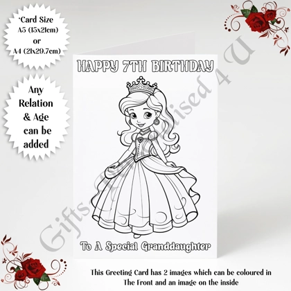 A5 or A4 Personalised Greeting Card - Colour In Princess - Happy Birthday - Any Relation & Age - D.3 A5 or A4 Personalised Greeting Card - Colour In Princess - Happy Birthday - Any Relation & Age - D.3