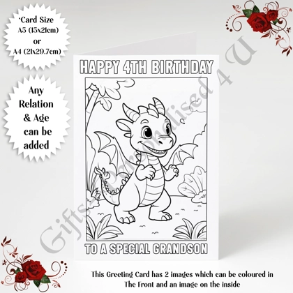 A5 or A4 Personalised Greeting Card - Colour In Dragon - Happy Birthday - Any Relation & Age - D.3 A5 or A4 Personalised Greeting Card - Colour In Dragon - Happy Birthday - Any Relation & Age - D.3