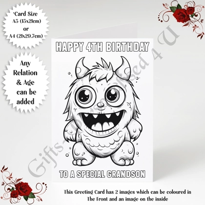 A5 or A4 Personalised Greeting Card - Colour In Monster - Happy Birthday - Any Relation & Age - D.3 A5 or A4 Personalised Greeting Card - Colour In Monster - Happy Birthday - Any Relation & Age - D.3