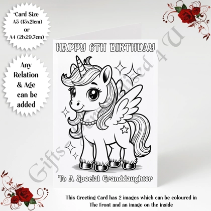 A5 or A4 Personalised Greeting Card - Colour In Unicorn - Happy Birthday - Any Relation & Age - D.4 A5 or A4 Personalised Greeting Card - Colour In Unicorn - Happy Birthday - Any Relation & Age - D.4