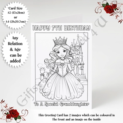 A5 or A4 Personalised Greeting Card - Colour In Princess - Happy Birthday - Any Relation & Age - D.4 A5 or A4 Personalised Greeting Card - Colour In Princess - Happy Birthday - Any Relation & Age - D.4
