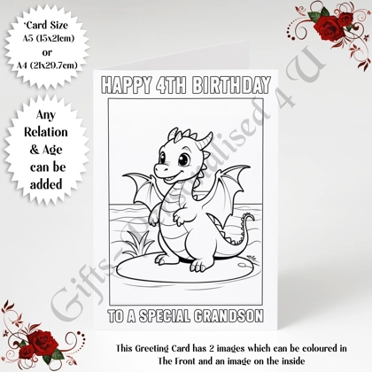 A5 or A4 Personalised Greeting Card - Colour In Dragon - Happy Birthday - Any Relation & Age - D.4 A5 or A4 Personalised Greeting Card - Colour In Dragon - Happy Birthday - Any Relation & Age - D.4