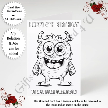 A5 or A4 Personalised Greeting Card - Colour In Monster - Happy Birthday - Any Relation & Age - D.4 A5 or A4 Personalised Greeting Card - Colour In Monster - Happy Birthday - Any Relation & Age - D.4