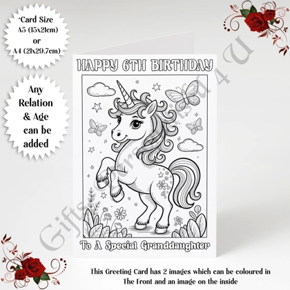 A5 or A4 Personalised Greeting Card - Colour In Unicorn - Happy Birthday - Any Relation & Age - D.5 A5 or A4 Personalised Greeting Card - Colour In Unicorn - Happy Birthday - Any Relation & Age - D.5