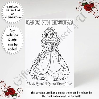 A5 or A4 Personalised Greeting Card - Colour In Princess - Happy Birthday - Any Relation & Age - D.5 A5 or A4 Personalised Greeting Card - Colour In Princess - Happy Birthday - Any Relation & Age - D.5