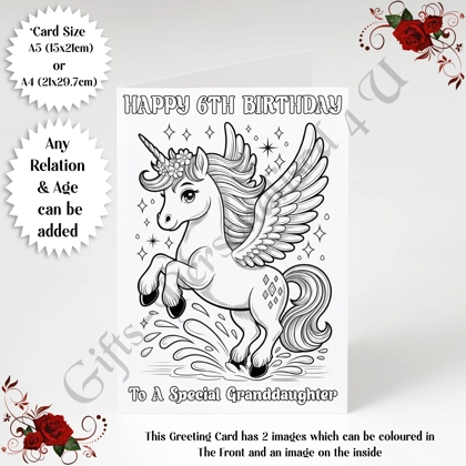 A5 or A4 Personalised Greeting Card - Colour In Unicorn - Happy Birthday - Any Relation & Age - D.6 A5 or A4 Personalised Greeting Card - Colour In Unicorn - Happy Birthday - Any Relation & Age - D.6