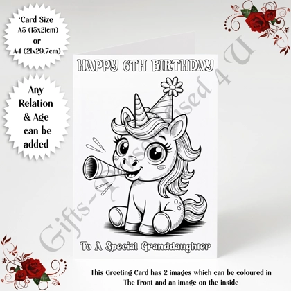 A5 or A4 Personalised Greeting Card - Colour In Unicorn - Happy Birthday - Any Relation & Age - D.7