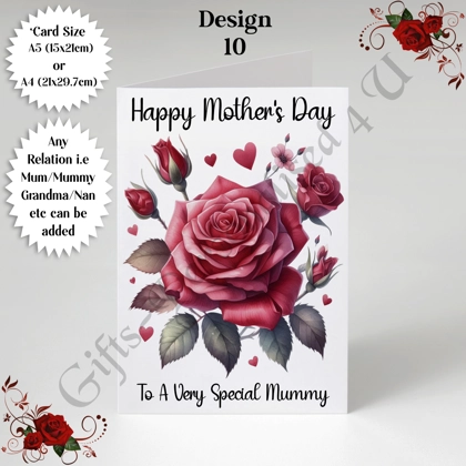 A5 or A4 Personalised Greeting Card - Roses - Happy Mother's Day - Mum Mummy Grandma etc - D.10