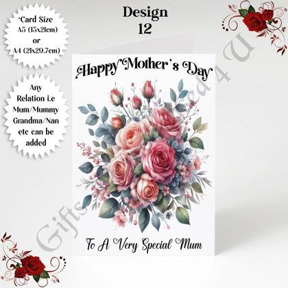 A5 or A4 Personalised Greeting Card - Roses - Happy Mother's Day - Mum Mummy Grandma etc - D.12