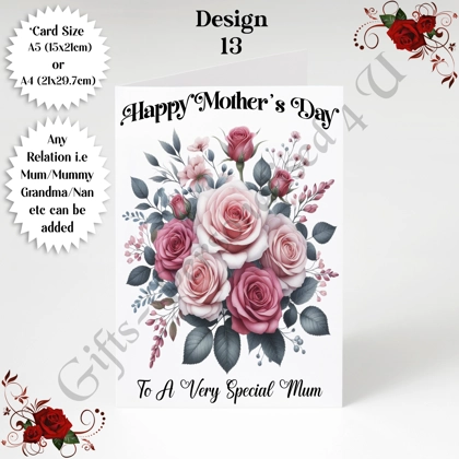A5 or A4 Personalised Greeting Card - Roses - Happy Mother's Day - Mum Mummy Grandma etc - D.13