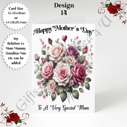 A5 or A4 Personalised Greeting Card - Roses - Happy Mother's Day - Mum Mummy Grandma etc - D.14