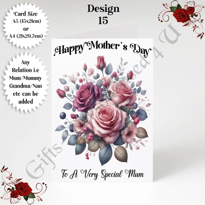 A5 or A4 Personalised Greeting Card - Roses - Happy Mother's Day - Mum Mummy Grandma etc - D.15