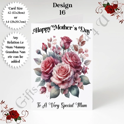 A5 or A4 Personalised Greeting Card - Roses - Happy Mother's Day - Mum Mummy Grandma etc - D.16