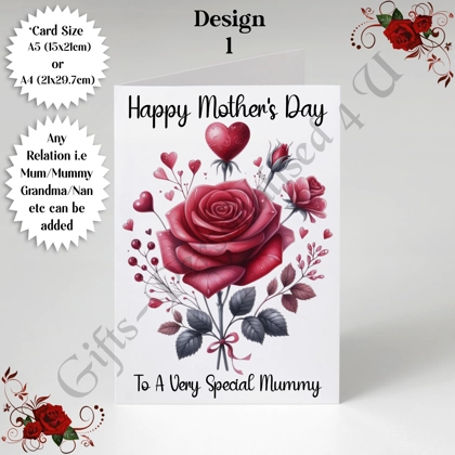 A5 or A4 Personalised Greeting Card - Roses - Happy Mother's Day - Mum Mummy Grandma etc - D.1