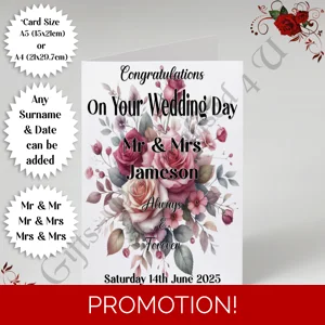 A5 or A4 Personalised Greeting Card - Wedding - Roses - Mr & Mr / Mr & Mrs / Mrs & Mrs - D.1