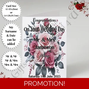 A5 or A4 Personalised Greeting Card - Wedding - Roses - Mr & Mr / Mr & Mrs / Mrs & Mrs - D.2