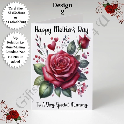 A5 or A4 Personalised Greeting Card - Roses - Happy Mother's Day - Mum Mummy Grandma etc - D.2