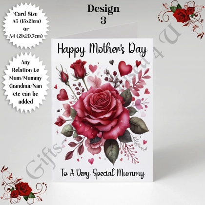 A5 or A4 Personalised Greeting Card - Roses - Happy Mother's Day - Mum Mummy Grandma etc - D.3