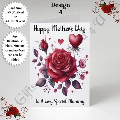 A5 or A4 Personalised Greeting Card - Roses - Happy Mother's Day - Mum Mummy Grandma etc - D.4
