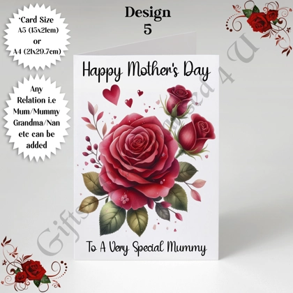 A5 or A4 Personalised Greeting Card - Roses - Happy Mother's Day - Mum Mummy Grandma etc - D.5