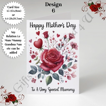 A5 or A4 Personalised Greeting Card - Roses - Happy Mother's Day - Mum Mummy Grandma etc - D.6