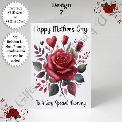 A5 or A4 Personalised Greeting Card - Roses - Happy Mother's Day - Mum Mummy Grandma etc - D.7