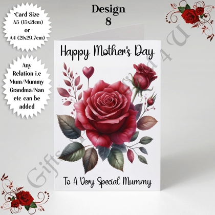 A5 or A4 Personalised Greeting Card - Roses - Happy Mother's Day - Mum Mummy Grandma etc - D.8