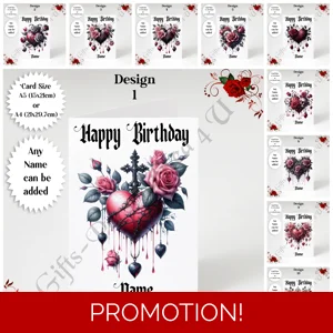 A5 or A4 Personalised Greeting Card - Gothic Heart - Happy Birthday - Name - D.1-10