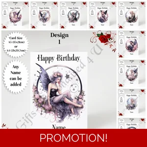 A5 or A4 Personalised Greeting Card - Cute Gothic Fairy - Happy Birthday - Name - D.1-10