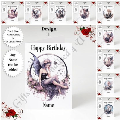 A5 or A4 Personalised Greeting Card - Cute Gothic Fairy - Happy Birthday - Name - D.1-10