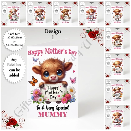 A5 or A4 Personalised Greeting Card - Highland Cows - Happy Mother's Day - Mum Mummy etc - D.1-10 A5 or A4 Personalised Greeting Card - Highland Cows - Happy Mother's Day - Mum Mummy etc - D.1-10