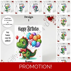 A5 or A4 Personalised Greeting Card - Dinosaur & Balloons - Happy Birthday - Name - D.1-10
