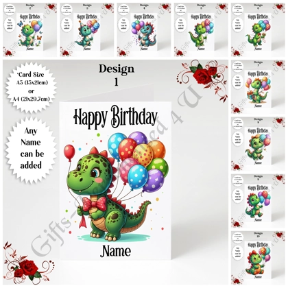 A5 or A4 Personalised Greeting Card - Dinosaur & Balloons - Happy Birthday - Name - D.1-10