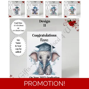 A5 or A4 Personalised Greeting Card - Graduation - Elephant - Name - D.11-15