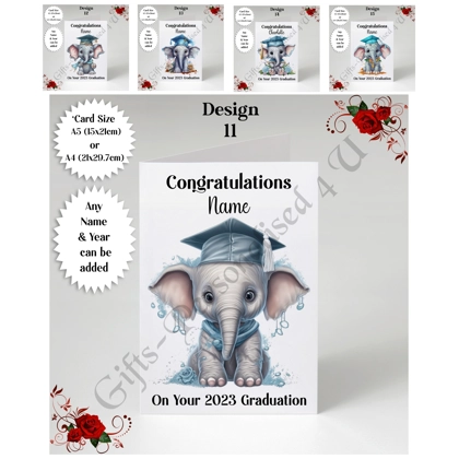 A5 or A4 Personalised Greeting Card - Graduation - Elephant - Name - D.11-15 A5 or A4 Personalised Greeting Card - Graduation - Elephant - Name - D.11-15