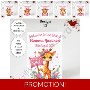 A5 or A4 Personalised Greeting Card - Newborn Baby - Giraffe - Girl - Baby Name & DOB - D.13-18